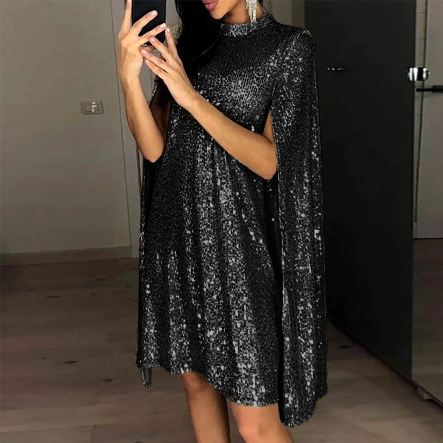 Party Dresses- Cape-like High-Neck Sequin Dress Perfect for Party Season- - Chuzko Women Clothing