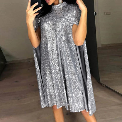 Party Dresses- Cape-like High-Neck Sequin Dress Perfect for Party Season- Silver- Chuzko Women Clothing