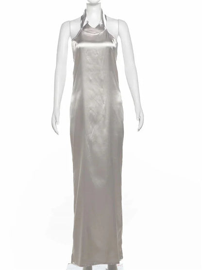 Party Dresses - Champagne Satin Slip Dress with Open Cowl Back