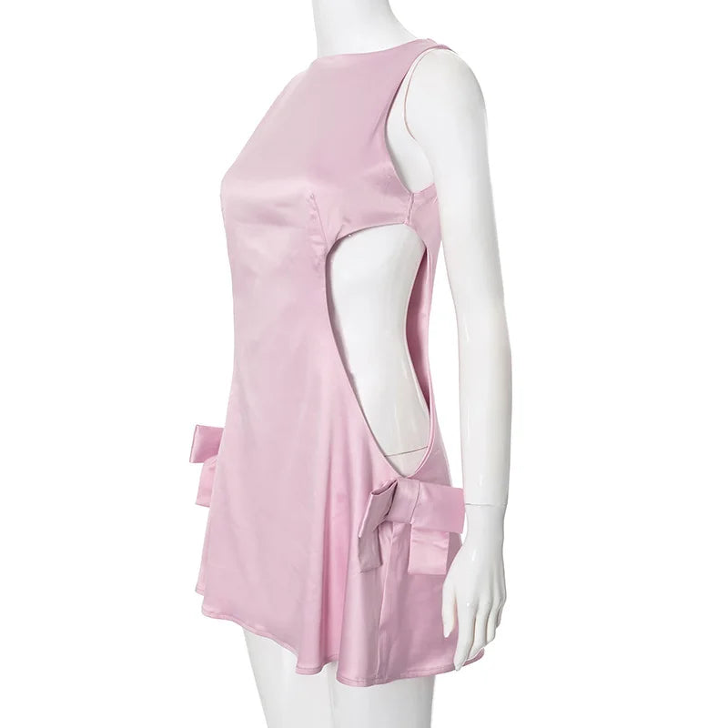 Party Dresses - Cutout Bow Satin Mini Dress in Pink