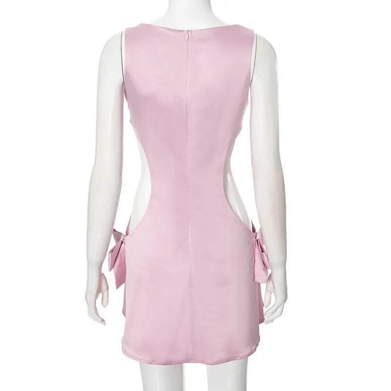 Party Dresses - Cutout Bow Satin Mini Dress in Pink