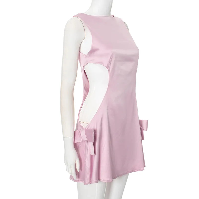 Party Dresses - Cutout Bow Satin Mini Dress in Pink