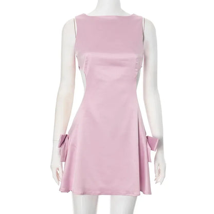 Party Dresses - Cutout Bow Satin Mini Dress in Pink