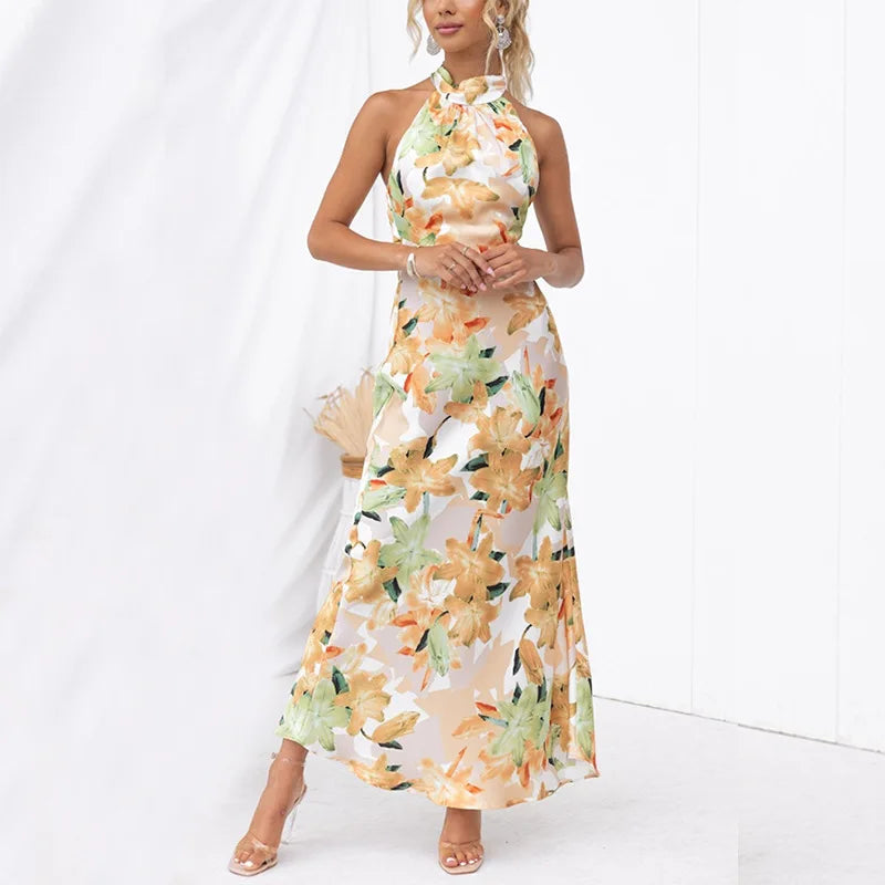 Party Dresses- Floral Halter Maxi Dress Perfect for Wedding Celebrations- - Pekosa Women Fashion