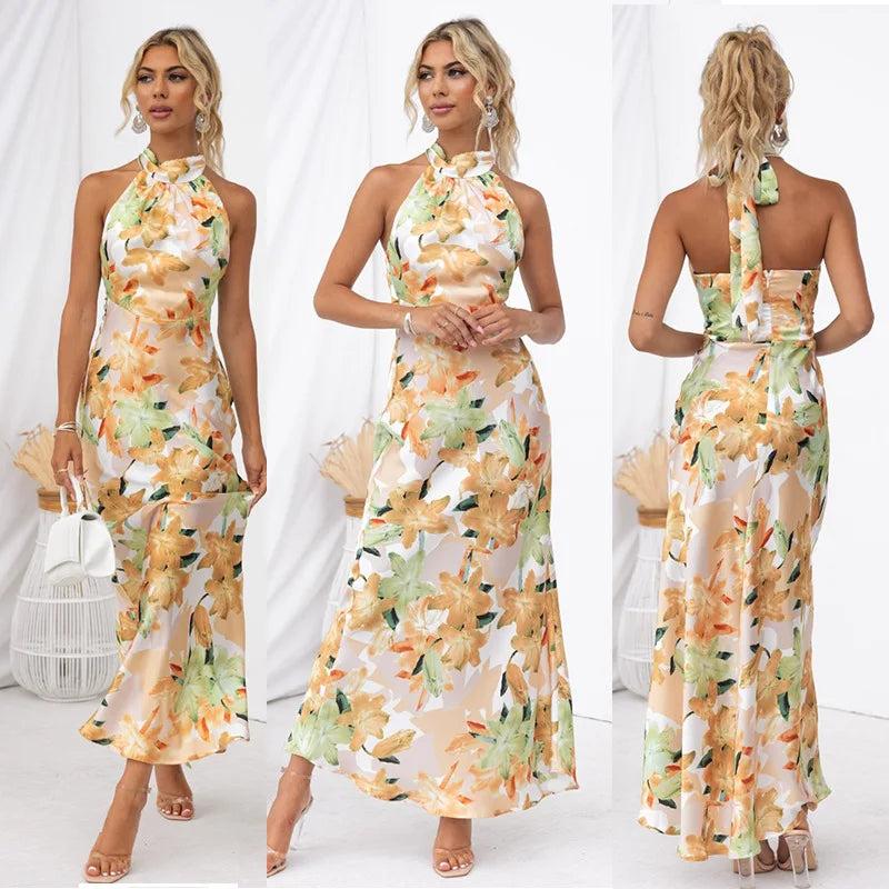 Party Dresses- Floral Halter Maxi Dress Perfect for Wedding Celebrations- - Pekosa Women Fashion