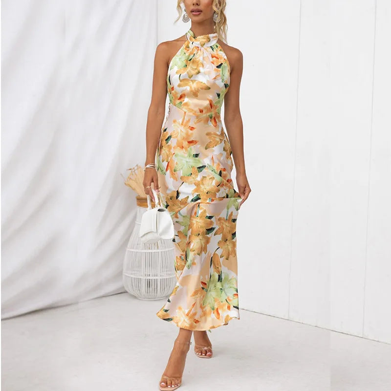 Party Dresses- Floral Halter Maxi Dress Perfect for Wedding Celebrations- - Pekosa Women Fashion