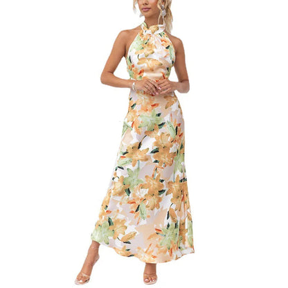 Party Dresses- Floral Halter Maxi Dress Perfect for Wedding Celebrations- Yellow- Pekosa Women Fashion