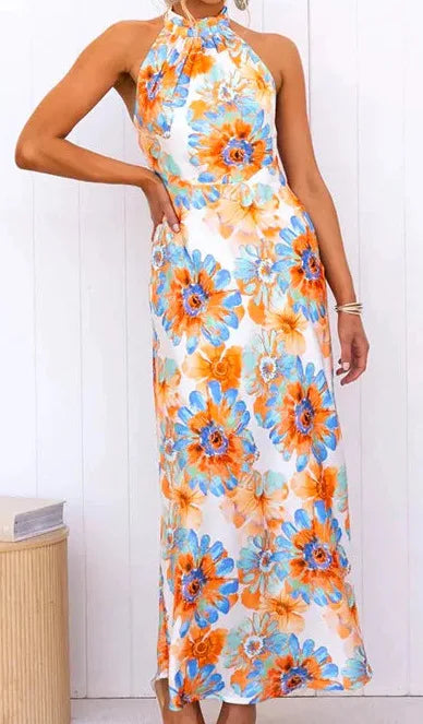 Party Dresses- Floral Halter Maxi Dress Perfect for Wedding Celebrations- Orange Blue- Pekosa Women Fashion