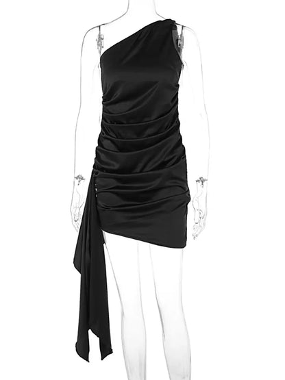 Party Dresses- Satin Mini Dress with One-Shoulder Design for Evening Cocktails- - Pekosa Women Fashion