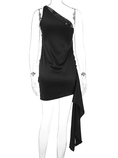 Party Dresses- Satin Mini Dress with One-Shoulder Design for Evening Cocktails- - Pekosa Women Fashion