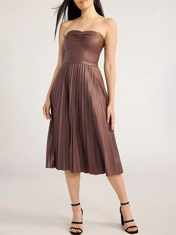 Party Dresses - Elegant Pleated Strapless Dress in Faux Leather