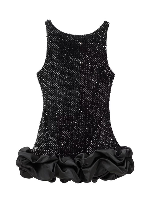 Party Dresses - Elegant Sparkle Mini Dress with Satin Flounce Hem