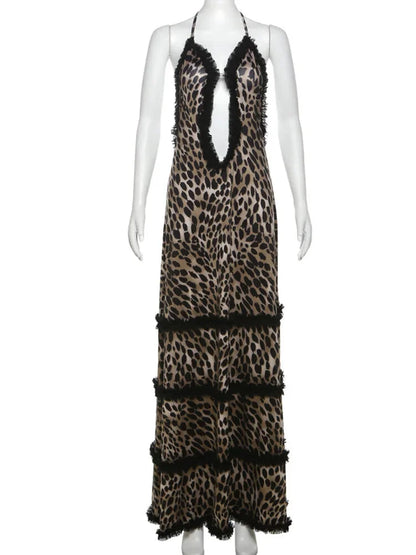 Party Dresses- Exotic Tiered Leopard Halter-Backless Maxi Dress with Fringe Detail