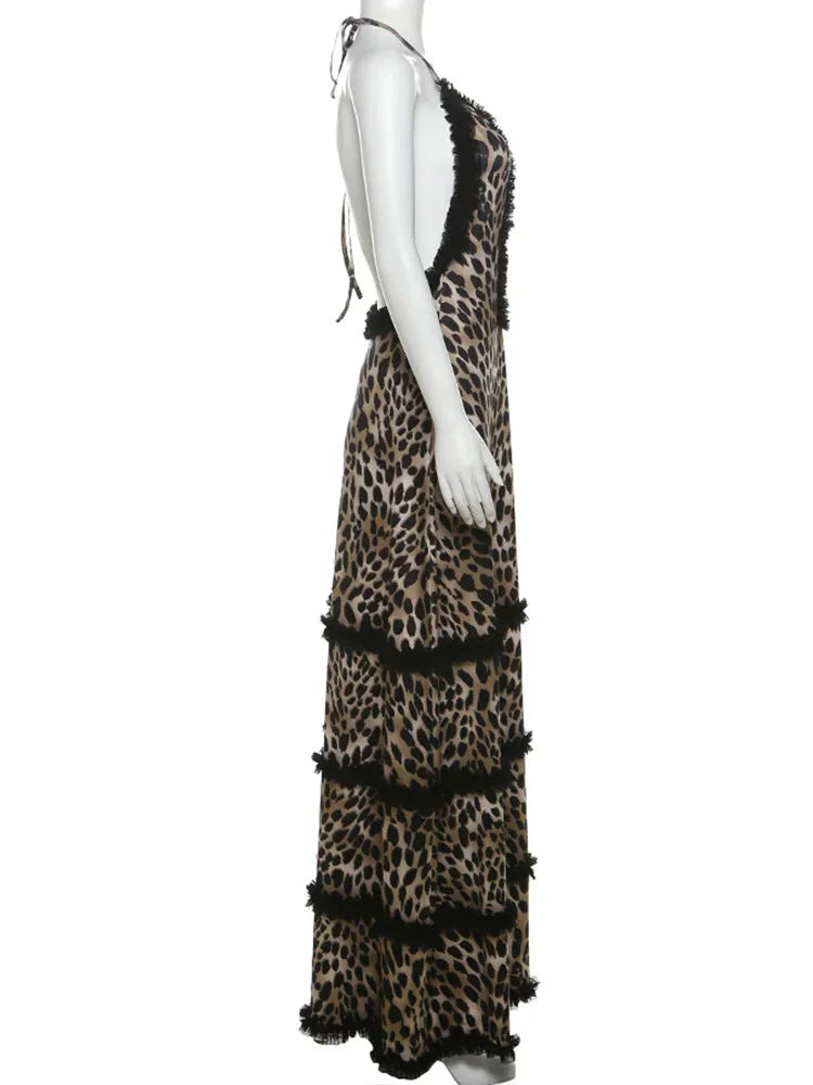 Party Dresses- Exotic Tiered Leopard Halter-Backless Maxi Dress with Fringe Detail