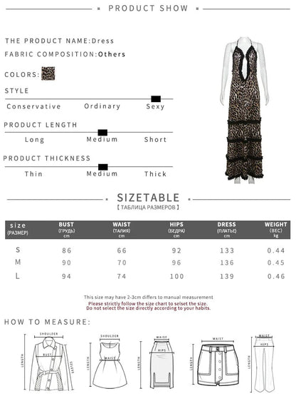 Party Dresses- Exotic Tiered Leopard Halter-Backless Maxi Dress with Fringe Detail