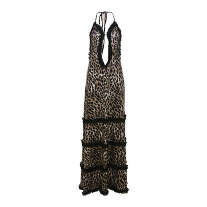 Party Dresses- Exotic Tiered Leopard Halter-Backless Maxi Dress with Fringe Detail