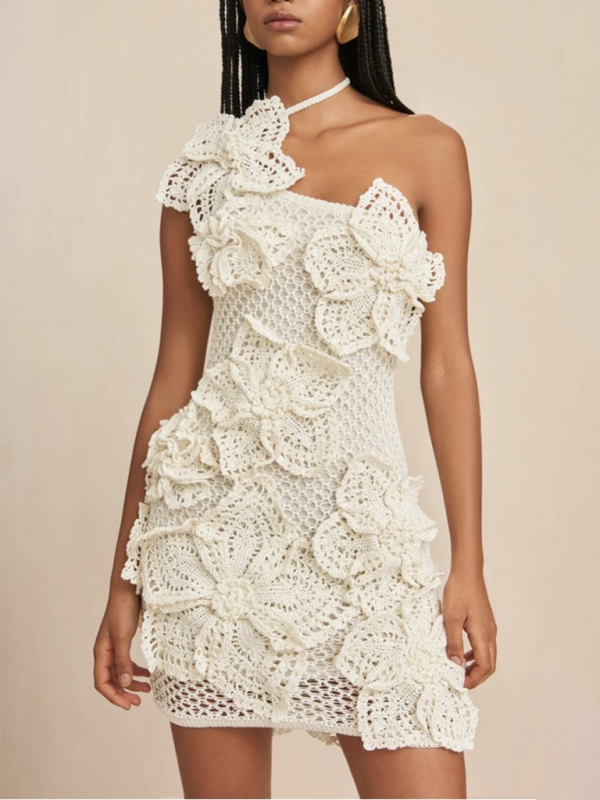 Party Dresses- Handcrafted Crochet Lace One-Shoulder Dress- White- Pekosa Women Fashion