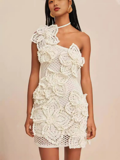 Party Dresses- Handcrafted Crochet Lace One-Shoulder Dress- - Pekosa Women Fashion