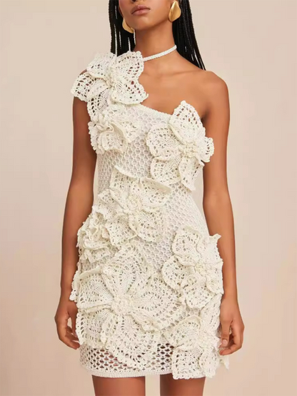 Party Dresses- Handcrafted Crochet Lace One-Shoulder Dress- - Pekosa Women Fashion