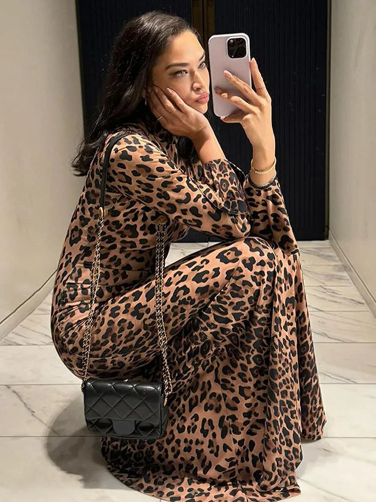 Party Dresses - High Neck Leopard Evening Maxi Dress