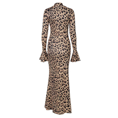 Party Dresses - High Neck Leopard Evening Maxi Dress