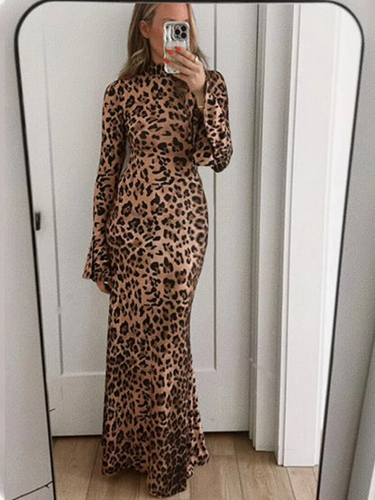 Party Dresses - High Neck Leopard Evening Maxi Dress