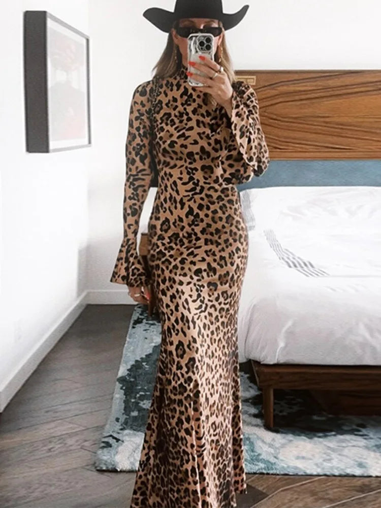 Party Dresses - High Neck Leopard Evening Maxi Dress