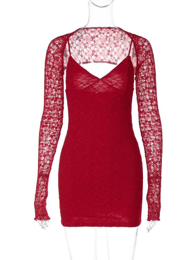 Party Dresses - Lace Sleeve Body Hugging Party Mini Dress