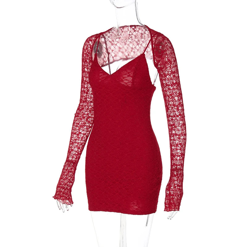 Party Dresses - Lace Sleeve Body Hugging Party Mini Dress