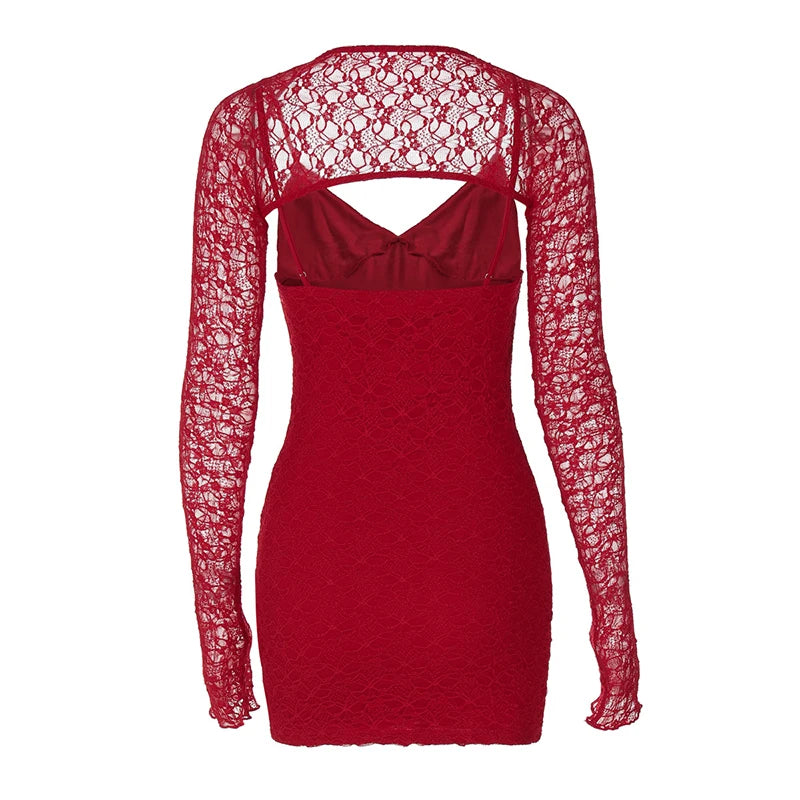 Party Dresses - Lace Sleeve Body Hugging Party Mini Dress