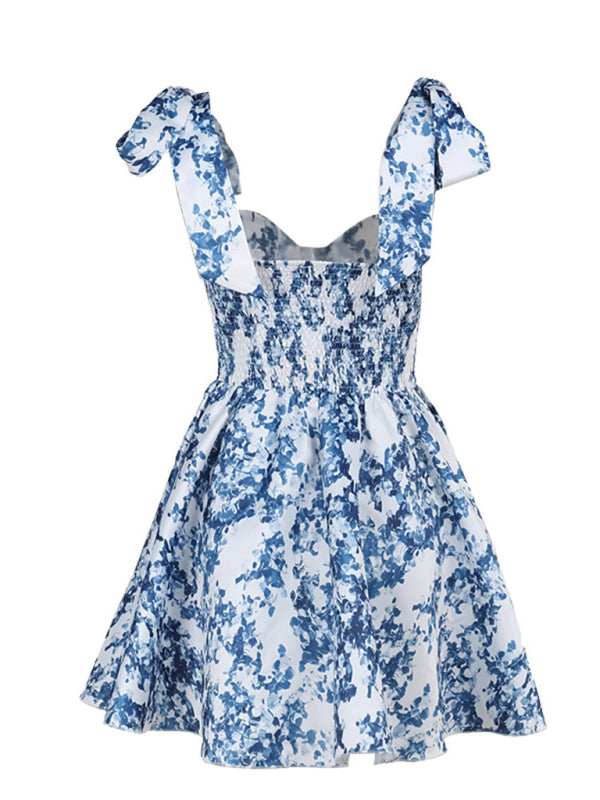 Party Dresses - Ribbon-Tied Floral Blue Print Mini Dress