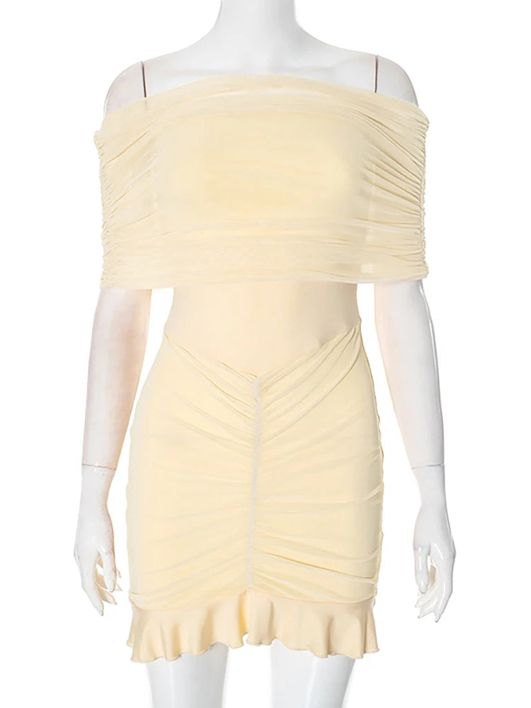 Party Dresses - Ruched Bandage Mesh Mini Dress Off Shoulder Cocktail Bodycon