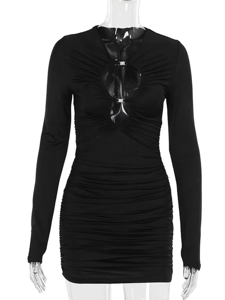 Party Dresses- Ruched Bodycon Party Mini Dress with Cut-Out