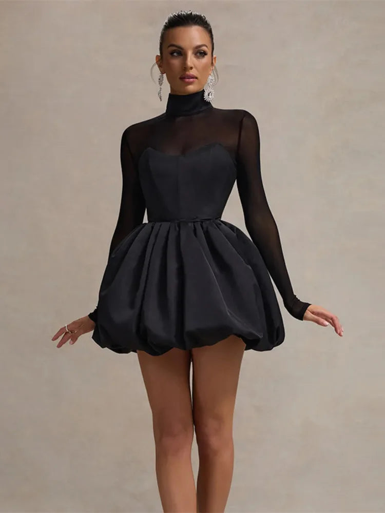 Party Dresses - Satin & Mesh Flare Dress for Holiday Parties