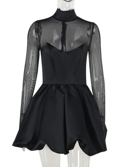 Party Dresses - Satin & Mesh Flare Dress for Holiday Parties