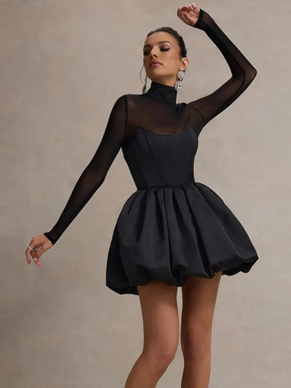 Party Dresses - Satin & Mesh Flare Dress for Holiday Parties