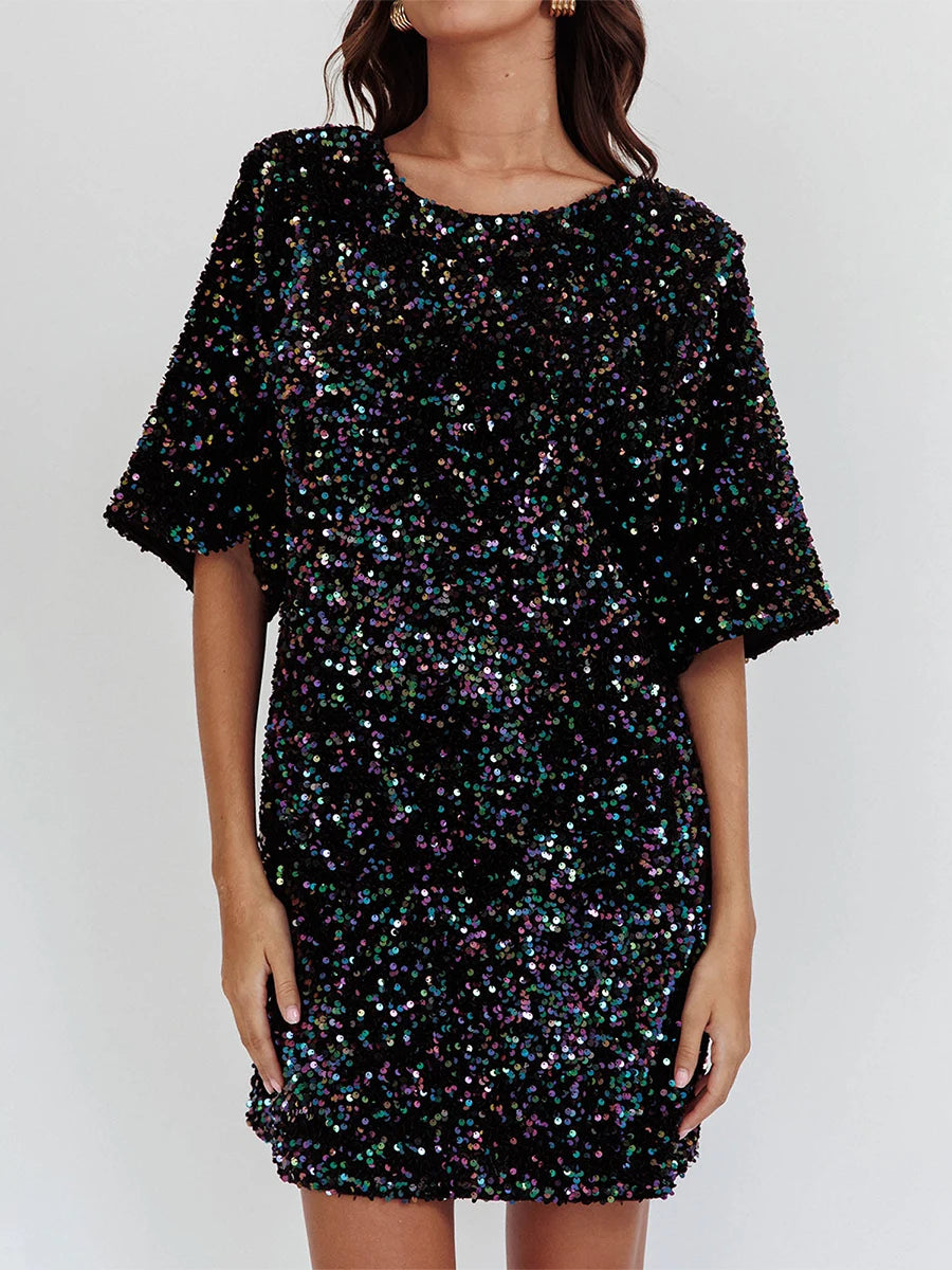 Party Dresses- Sequined Sparkle Party Dress with Tie-Up Back