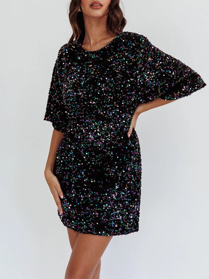 Party Dresses- Sequined Sparkle Party Dress with Tie-Up Back