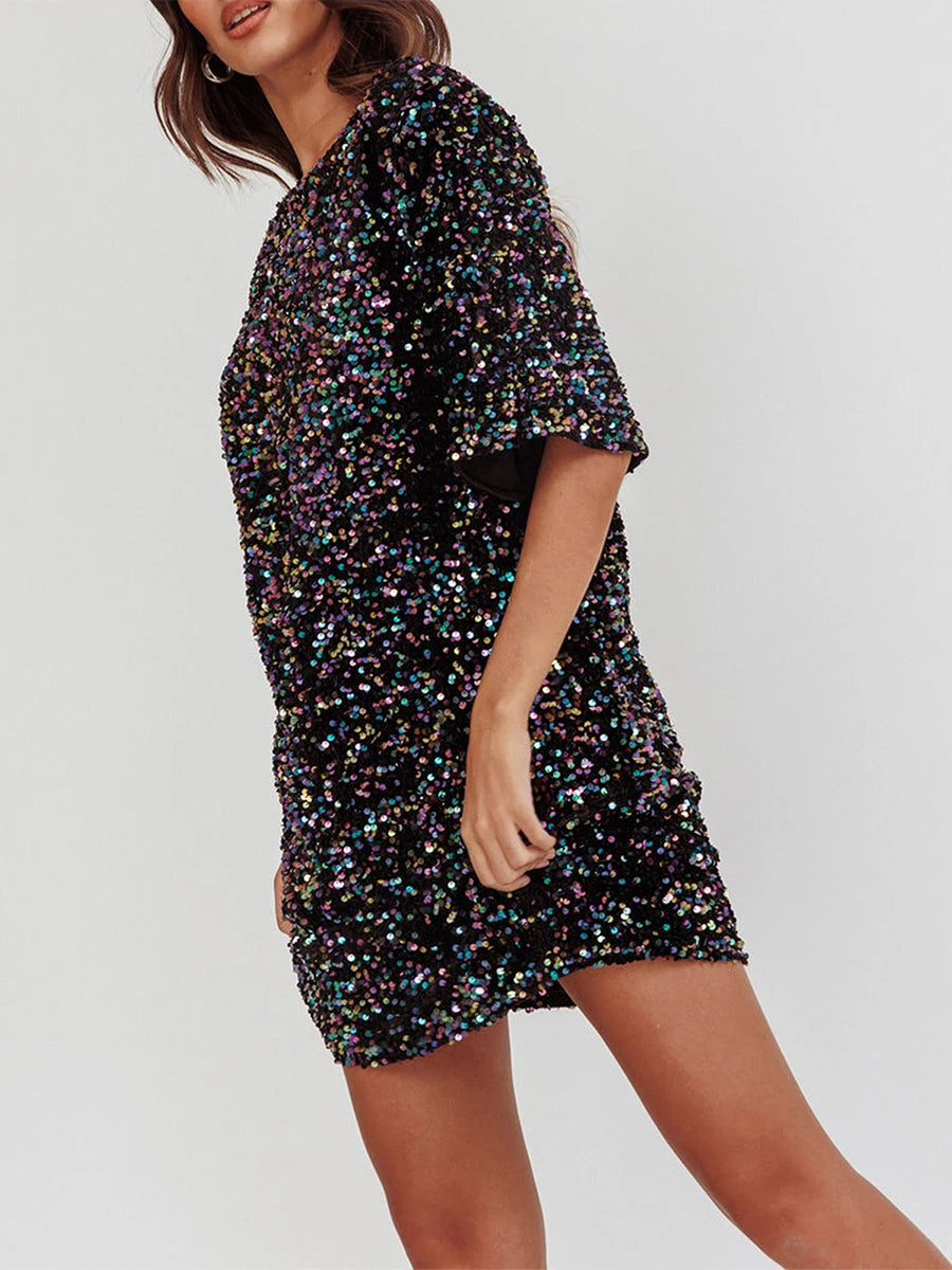 Party Dresses- Sequined Sparkle Party Dress with Tie-Up Back