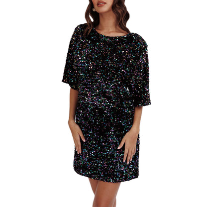 Party Dresses- Sequined Sparkle Party Dress with Tie-Up Back