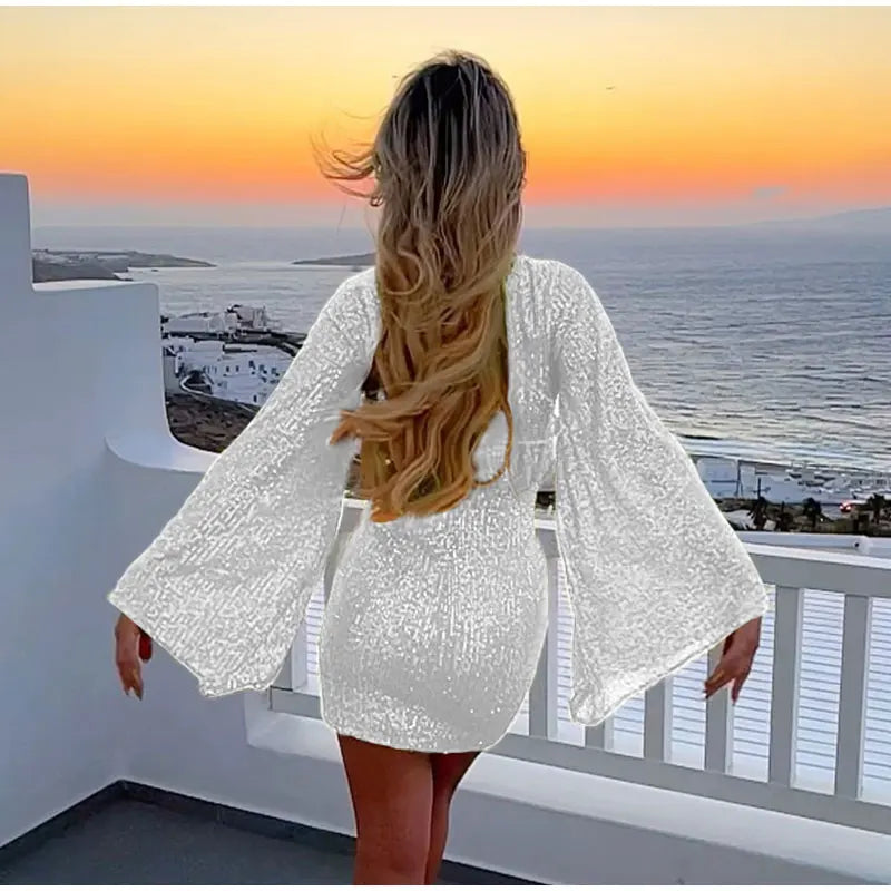 Party Dresses- Sparkle Sequin Mini Dress with Flared Long Sleeves- - Pekosa Women Clothing