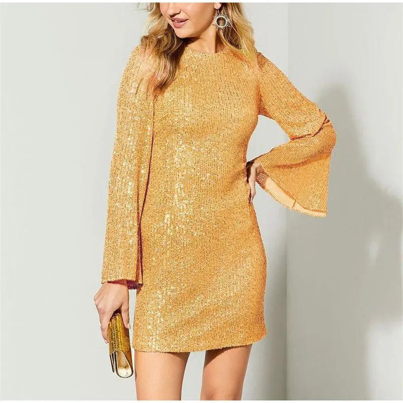 Party Dresses- Sparkle Sequin Mini Dress with Flared Long Sleeves- - Pekosa Women Clothing