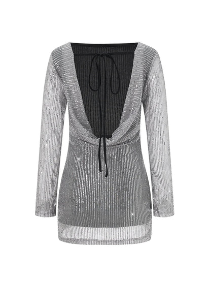 Party Dresses- Sparkling Cowl Back Clubbing Dress with Long Sleeves- - Pekosa Women Fashion