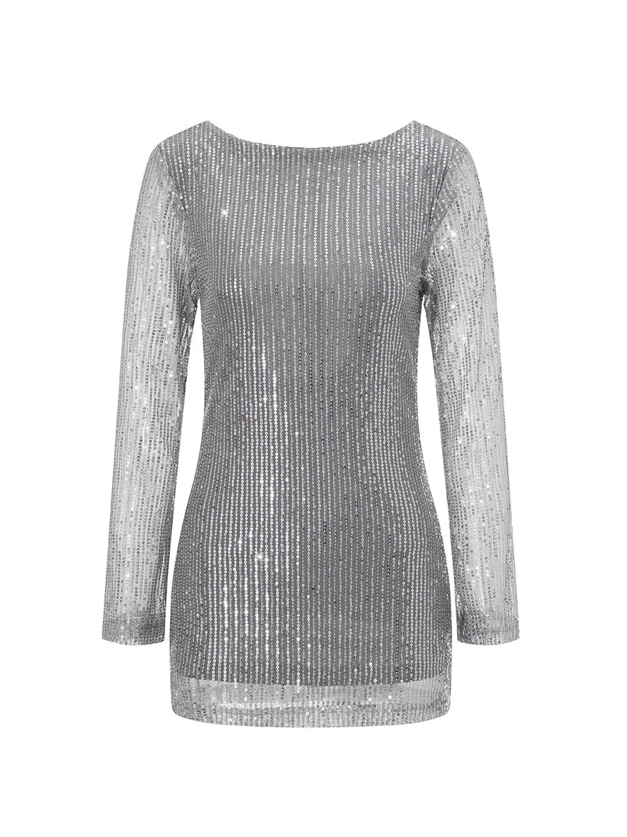 Party Dresses- Sparkling Cowl Back Clubbing Dress with Long Sleeves- - Pekosa Women Fashion