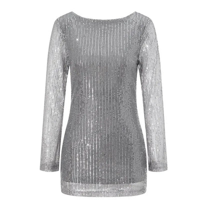 Party Dresses- Sparkling Cowl Back Clubbing Dress with Long Sleeves- Silver- Pekosa Women Fashion