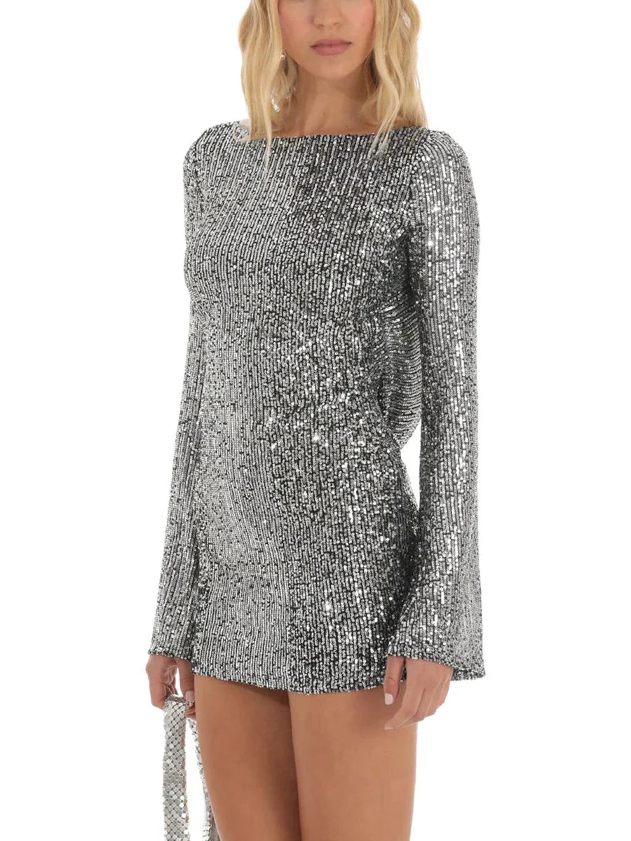 Party Dresses- Sparkling Cowl Back Clubbing Dress with Long Sleeves- - Pekosa Women Fashion