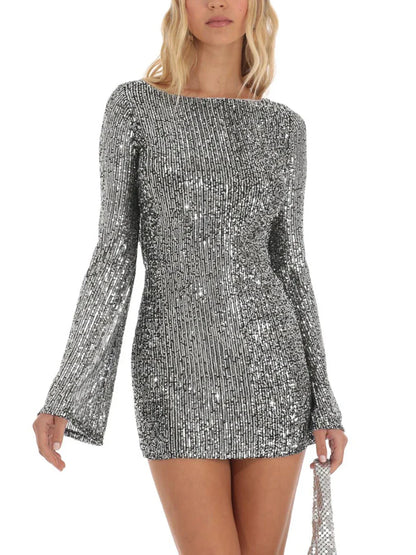 Party Dresses- Sparkling Cowl Back Clubbing Dress with Long Sleeves- - Pekosa Women Fashion