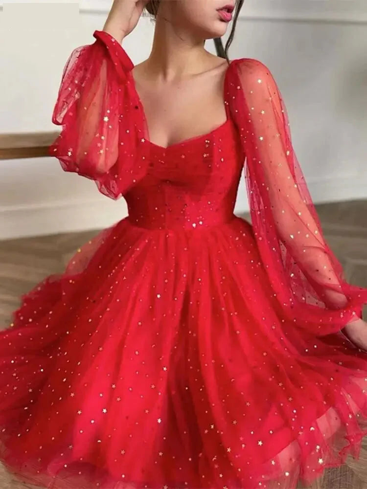 Party Dresses- Starlit Red Mesh Sequined Party Dress for Festive Parties- - Chuzko Women Clothing