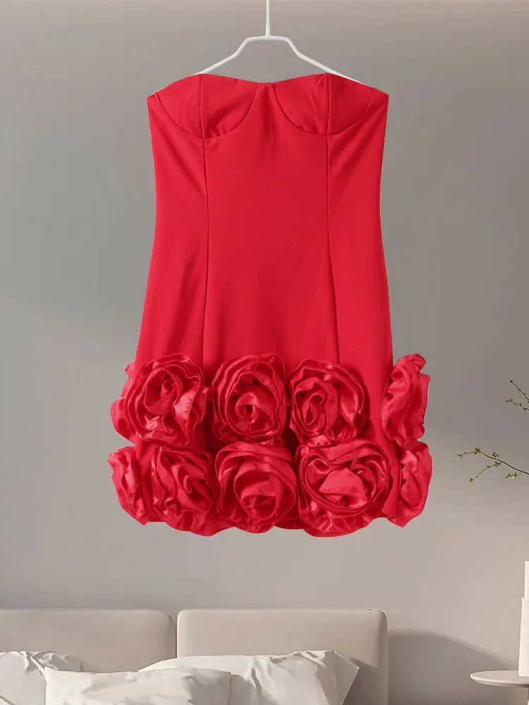 Party Dresses - Strapless Red Dress with Elegant Rosette Hem