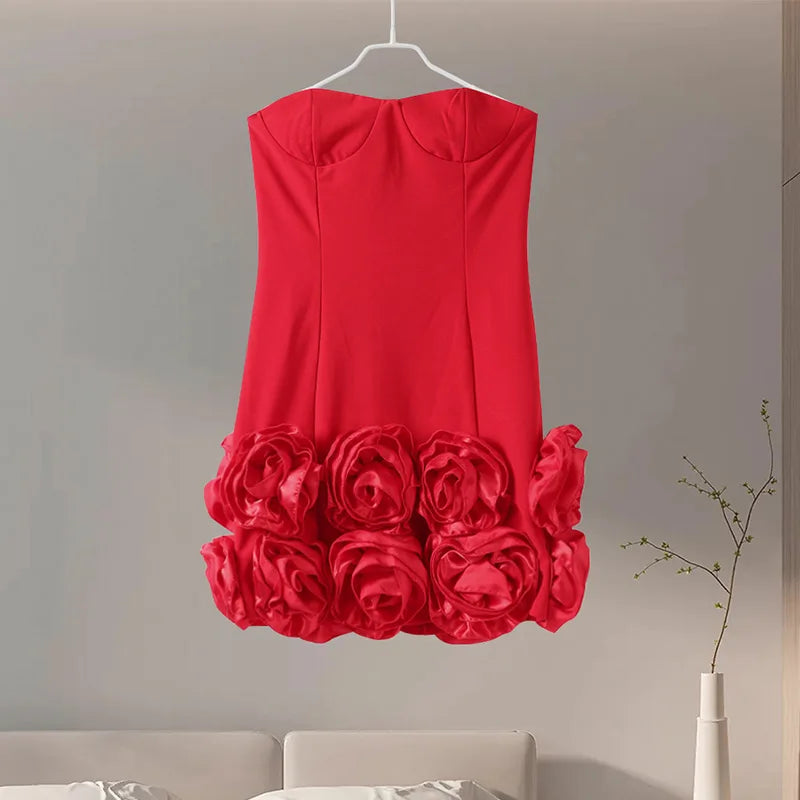 Party Dresses - Strapless Red Dress with Elegant Rosette Hem